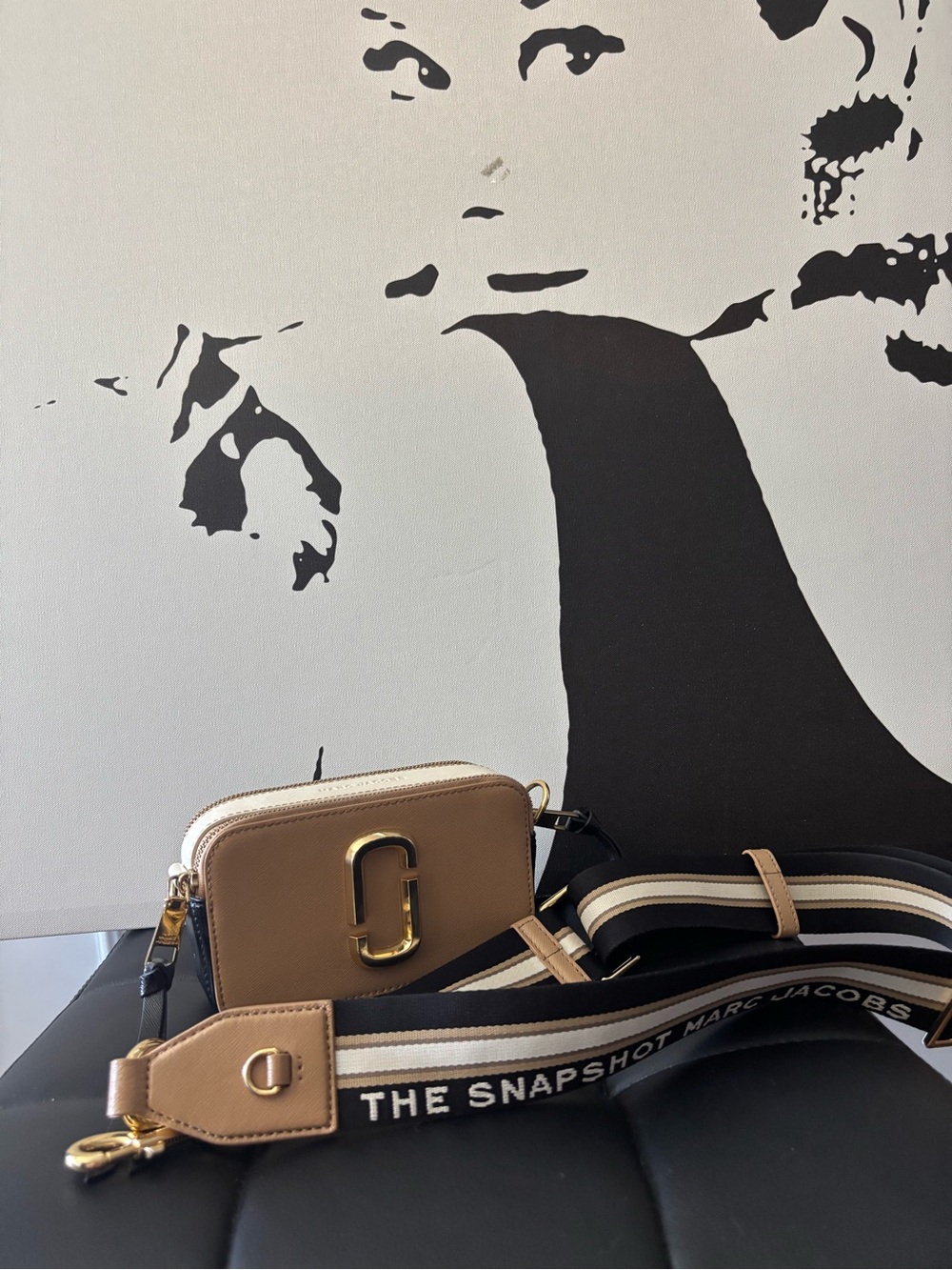 Marc Jacobs Tan & Black Snapshot Crossbody with Striped Strap